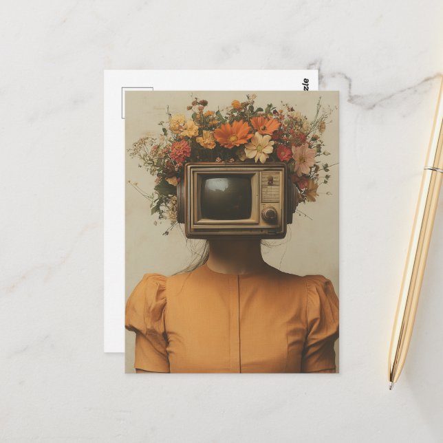 Postal Surrealist Woman with TV head and flowers  (Anverso/Reverso In Situ)