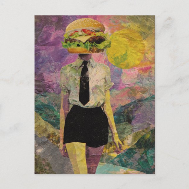 Postal Surrealista Cheeseburger Woman Mezcla De Medios (Anverso)