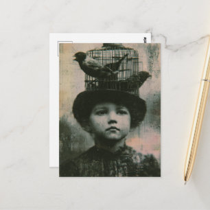 Postal Surrealista pájaro enjaulado y niño retro en blanc
