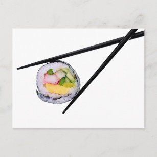Postal Sushi de sushi y palillos negros, palillos, ric