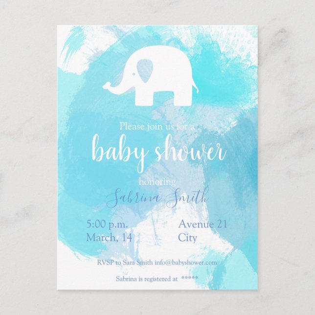 Postal süße Baby Fiesta Einladung blau aquarell Elefant (Anverso)