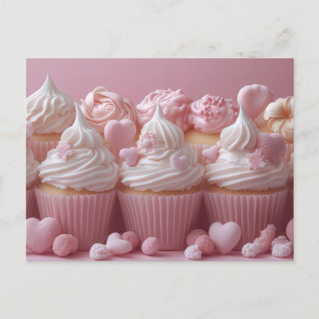 Postal Süße pinke Cupcakes mit Herzen Valentinstag (Anverso)