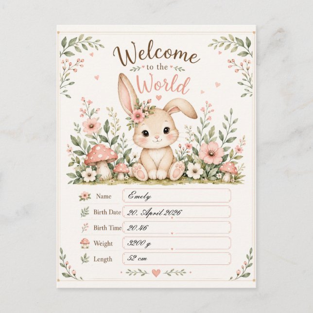 Postal Süßes Baby Hasen Design mit Geburtsdaten Feldern (Anverso)