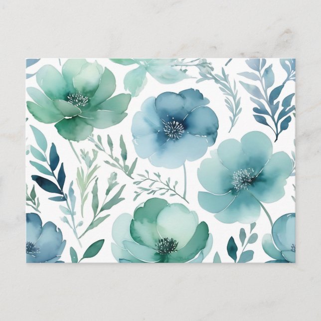 Postal Sutiles lavados florales de acuarela en azules sua (Anverso)
