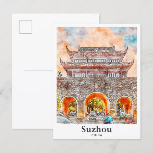 Postal Suzhou China Trae mano para dibujar acuarela