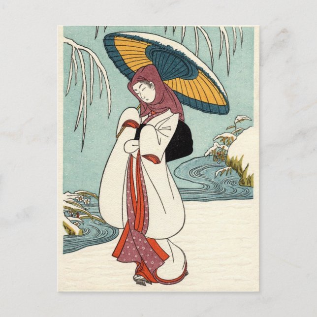 Postal Suzuki Harunobu - Flores de nieve en invierno (Anverso)