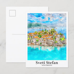 Postal Sveti Stefan Montenegro Travel Watercolor