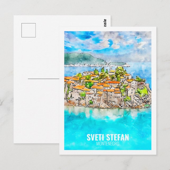 Postal Sveti Stefan Montenegro Travel Watercolor Sketch (Anverso / Reverso)