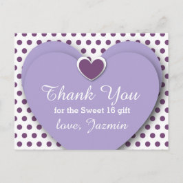 Postal SWEET 16 Gracias Corazones Púrpura Polka Puntos B0