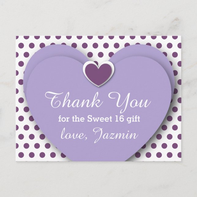 Postal SWEET 16 Gracias Corazones Púrpura Polka Puntos B0 (Anverso)