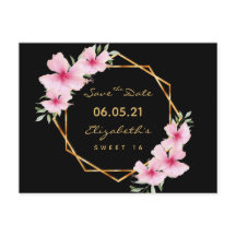 Sweet 16 Save the Date black gold florals