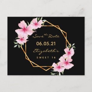 Postal Sweet 16 Save the Date black gold florals