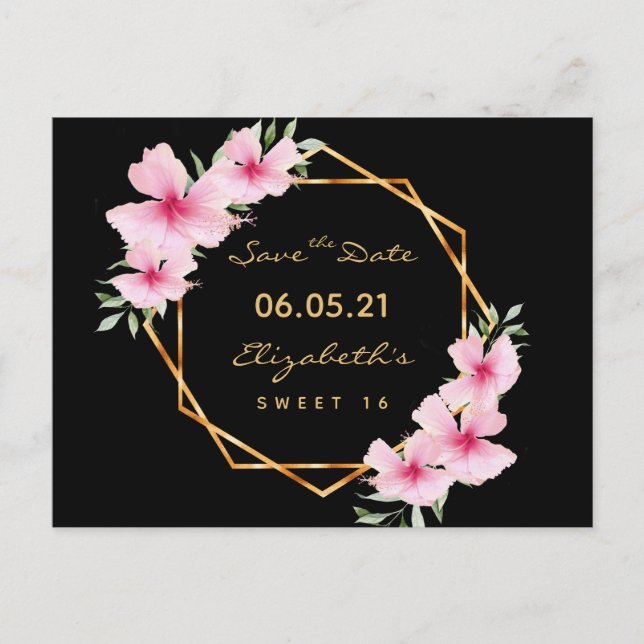 Postal Sweet 16 Save the Date black gold florals (Anverso)