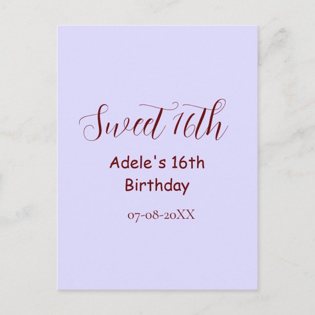 Postal Sweet 16th birthday purple pastel mauve retro name (Anverso)