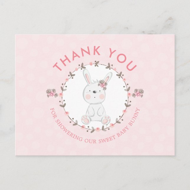 Postal Sweet Baby Bunny Floral Baby Shower Gracias (Anverso)
