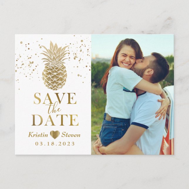 Postal Sweet Gold Pineapple Photo Save the Date (Anverso)