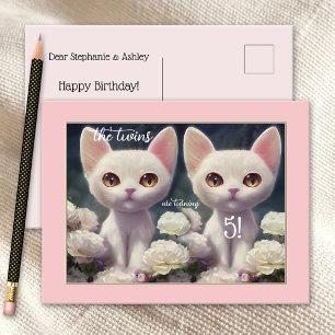 Postal Sweet Pink Girly Kitten Twin Birthday Postcard