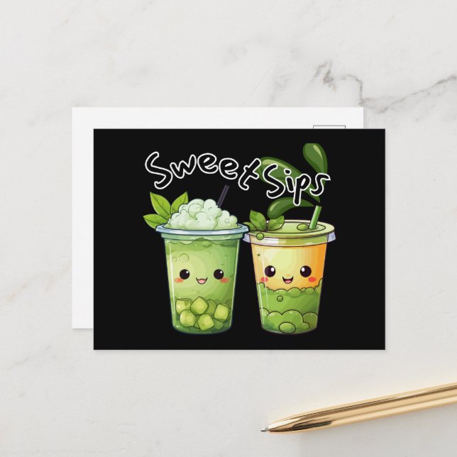 Postal Sweet Sips Kawaii Bubble Tea Duo (Anverso/Reverso In Situ)