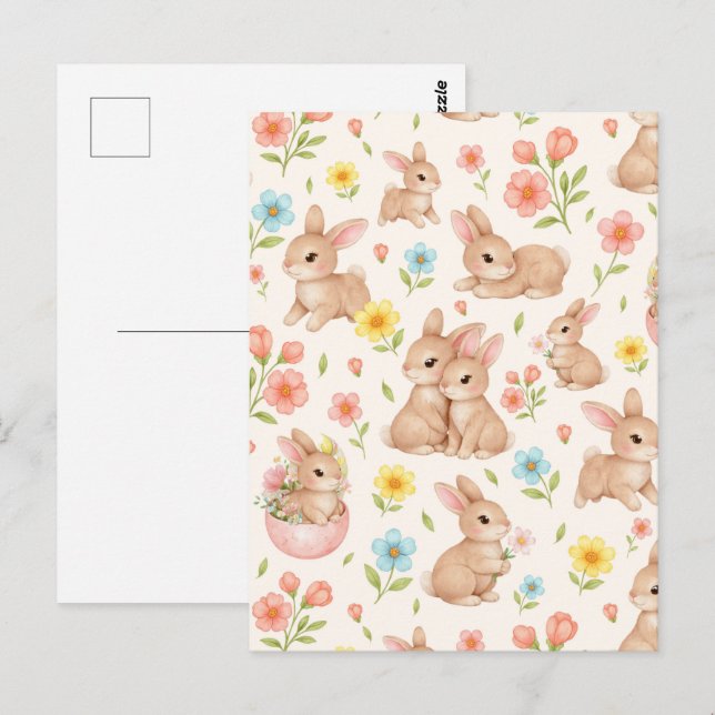Postal Sweet Spring Bunnies & Floral Garden Pattern (Anverso / Reverso)