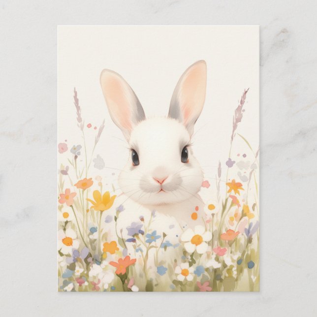 Postal Sweet White Rabbit in Spring Meadow (Anverso)