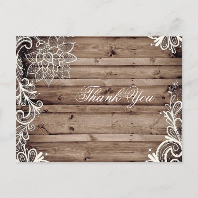 Postal swirls lace barn wood boda country gracias (Anverso)