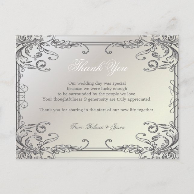 Postal swirls Pearl White vintage Wedding gracias (Anverso)