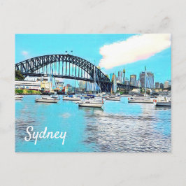 Postal Sydney Harbour Bridge cielo azul con yates