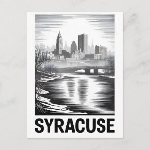 Postal Syracuse Nueva York Grabado en Madera Blanco y Neg