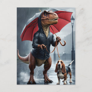 Postal T-Rex caminante Basset heound en la lluvia