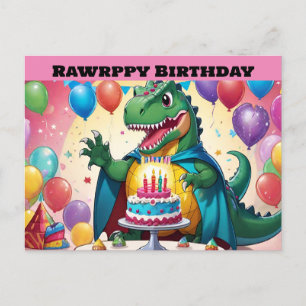 Postal T-Rex con globos en el fondo