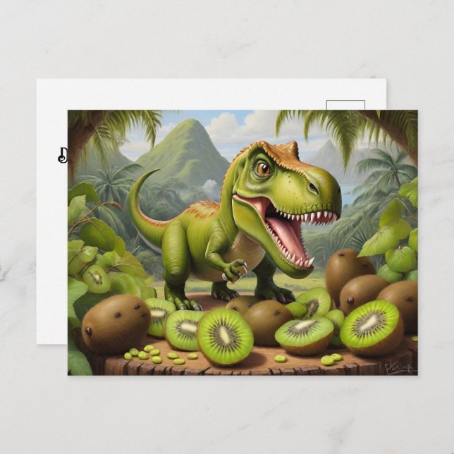 Postal T-Rex con kiwi (Anverso / Reverso)