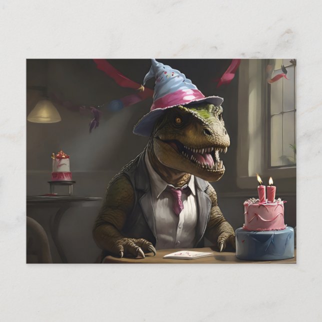 Postal T-rex con sombrero de cumpleaños (Anverso)