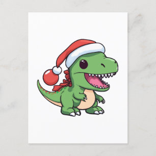 Postal T-Rex Dinosaur Kawaii con Sombrero de Navidad