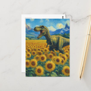 Postal T-Rex en un campo de girasol