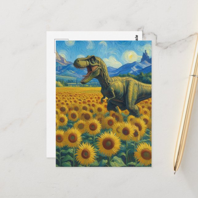 Postal T-Rex en un campo de girasol (Anverso/Reverso In Situ)