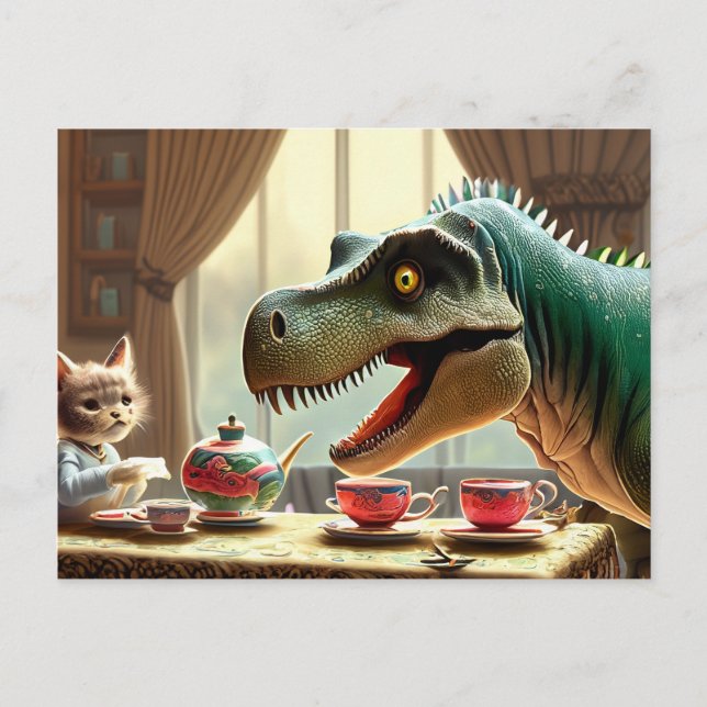 Postal T-rex, gatito, fiesta de té (Anverso)