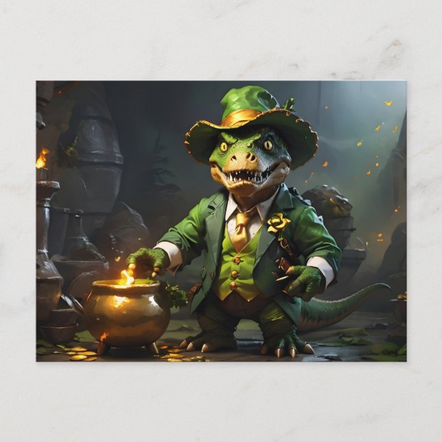 Postal T-Rex Leprechaun con caldera de oro (Anverso)