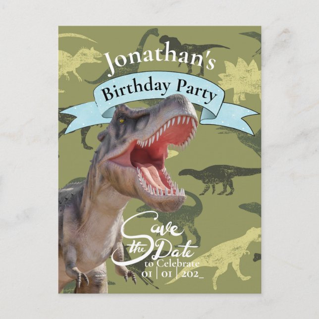 Postal T Rex, mundo jurásico, patrón feliz cumpleaños (Anverso)
