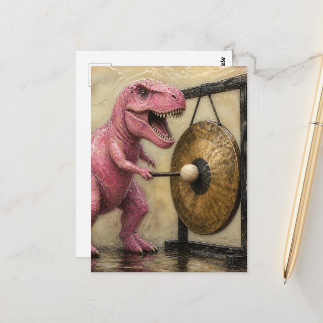 Postal T-Rex rosa golpea un gong (Anverso/Reverso In Situ)