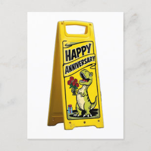 Postal T-Rex sosteniendo flores rojas feliz aniversario