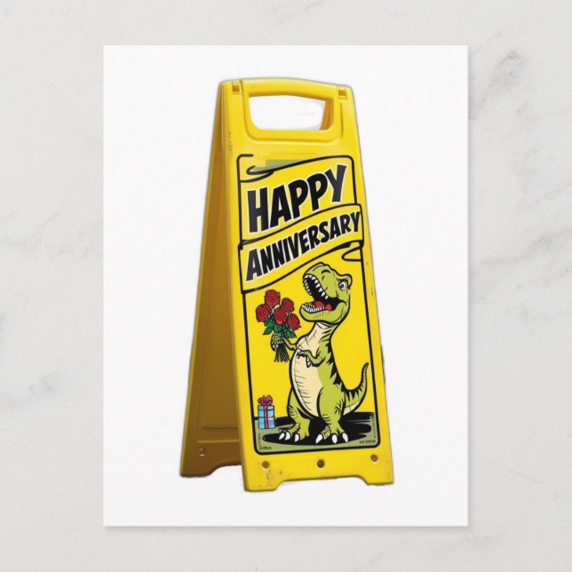 Postal T-Rex sosteniendo flores rojas feliz aniversario (Anverso)