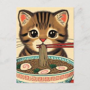 Postal Tabby Kitten Comer Ramen Impresión de bloques de m
