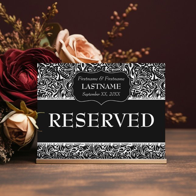 Postal Tabla boda Rótulo RESERVADO Patrón moderno (Black Modern Wedding - Reserved table Sign)