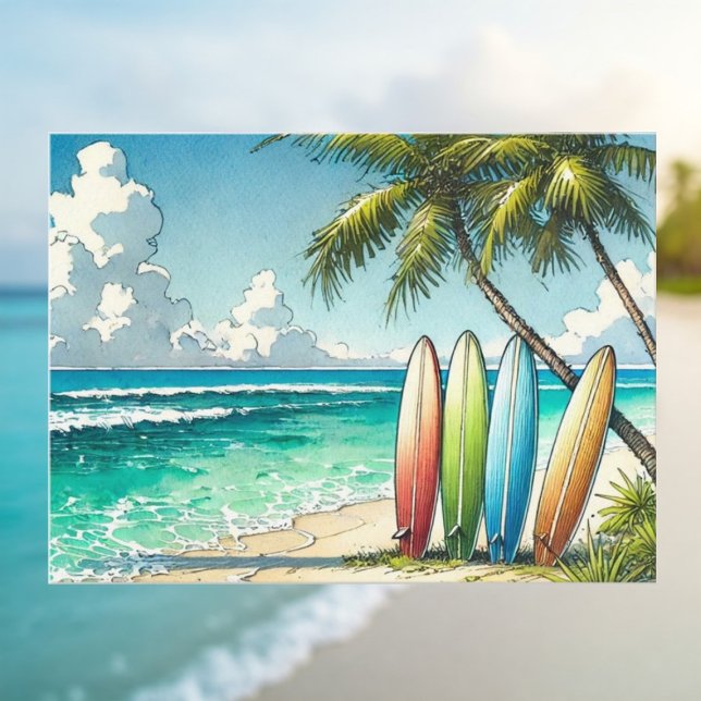 Postal Tablas de surf en la playa Acuarela y tinta (Subido por el creador)