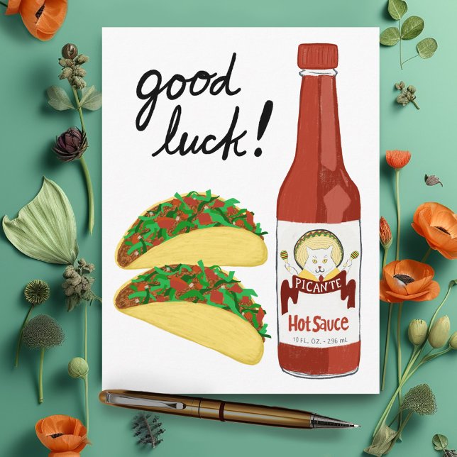 Postal TACOS Spicy Hot Sauce Cat Maracas BUENA SUERTE (TACOS Spicy Hot Sauce Cat Maracas GOOD LUCK Postcard
)