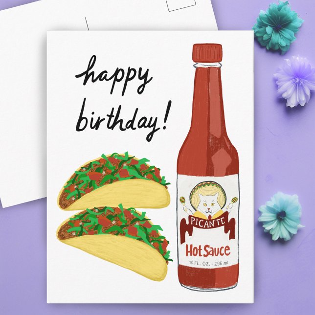 Postal TACOS Spicy Hot Sauce Cat Maracas FELIZ CUMPLEAÑOS (TACOS Spicy Hot Sauce Cat Maracas HAPPY BIRTHDAY Postcard
)