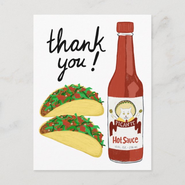 Postal TACOS Spicy Hot Sauce Cat Maracas GRACIAS (Anverso)