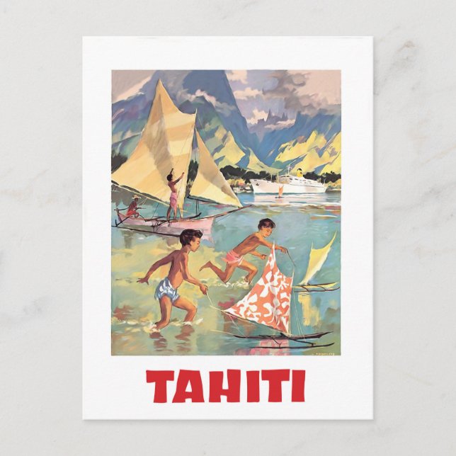 Postal Tahiti, los niños juegan con juguetes en bote en e (Anverso)