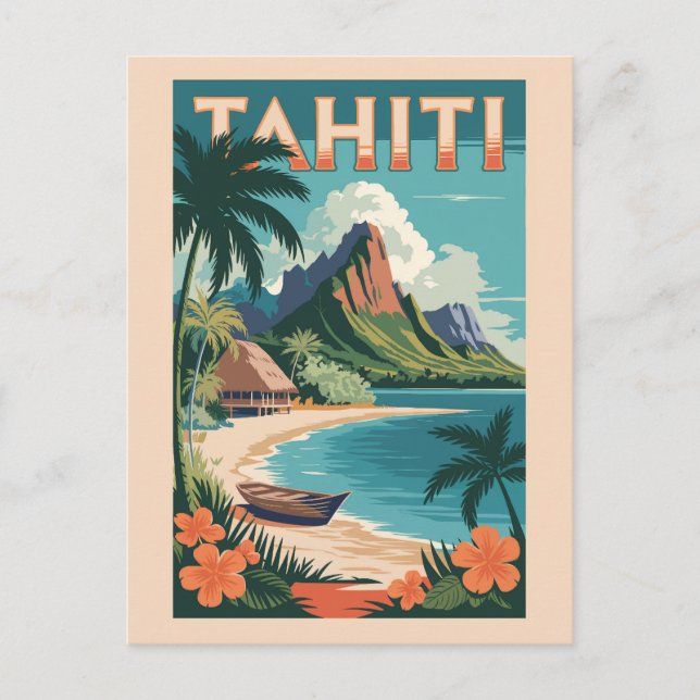 Postal Tahití Polinesia Francesa Ilustración Arte de Viaj (Anverso)