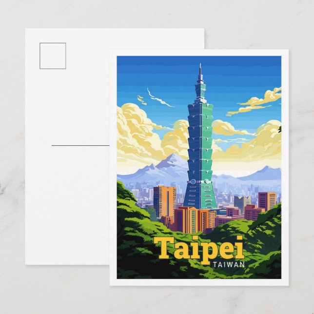Postal Taipei Taiwán Ilustracion de arte de viaje (Anverso / Reverso)